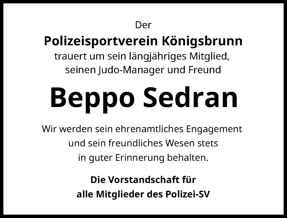 Traueranzeige von Beppo Sedran von Schwabmünchner Allgemeine