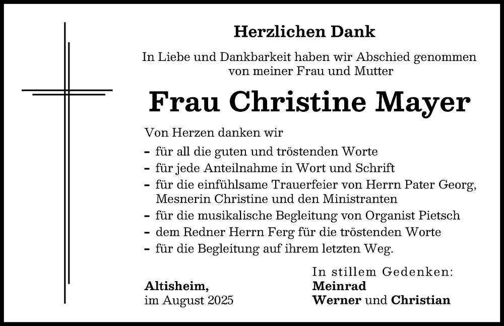 Traueranzeige von Christine Mayer von Donauwörther Zeitung