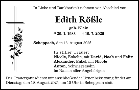 Traueranzeigen von Edith Rößle | Augsburger Allgemeine Zeitung