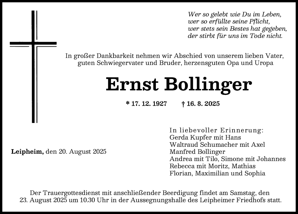 Traueranzeige von Ernst Bollinger von Günzburger Zeitung