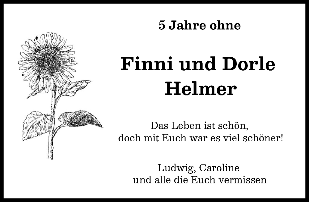 Traueranzeige von Finni und Dorle Helmer von Schwabmünchner Allgemeine