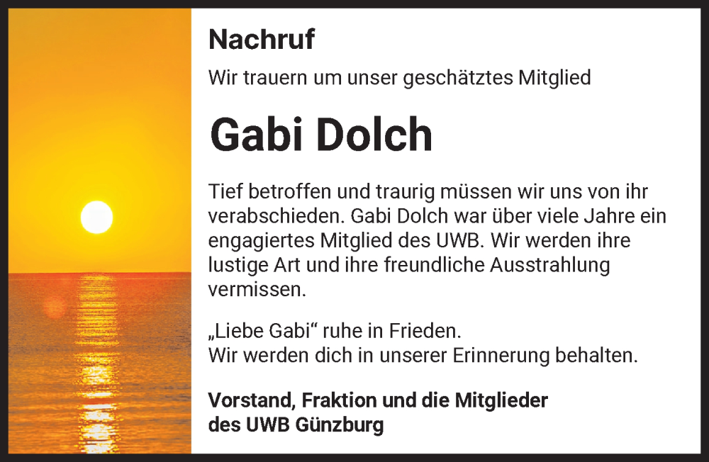 Traueranzeige von Gabi Dolch von Günzburger Zeitung