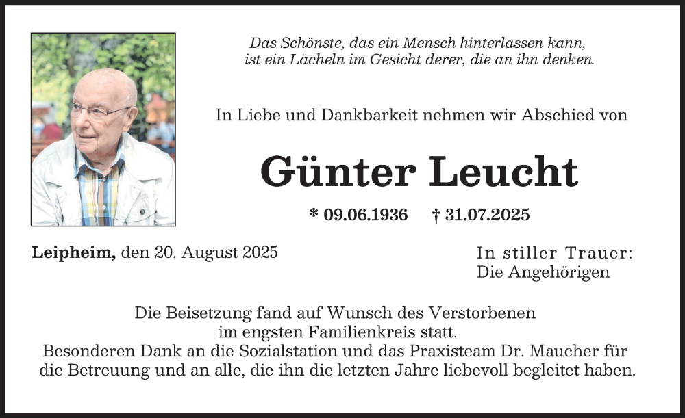 Traueranzeige von Günter Leucht von Günzburger Zeitung