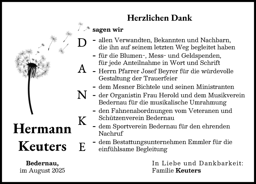  Traueranzeige für Hermann Keuters vom 23.08.2025 aus Mindelheimer Zeitung