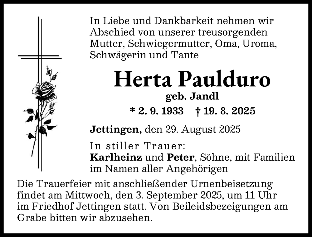Traueranzeige von Herta Paulduro von Günzburger Zeitung