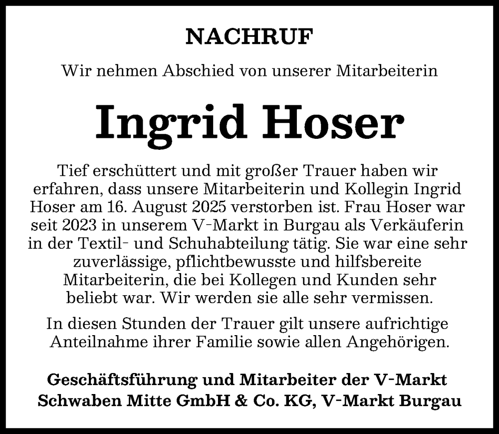 Traueranzeige von Ingrid Hoser von Günzburger Zeitung