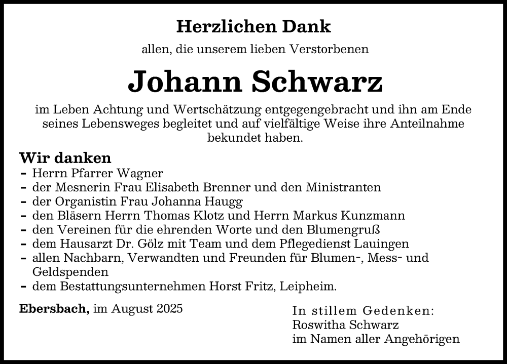 Traueranzeige von Johann Schwarz von Günzburger Zeitung
