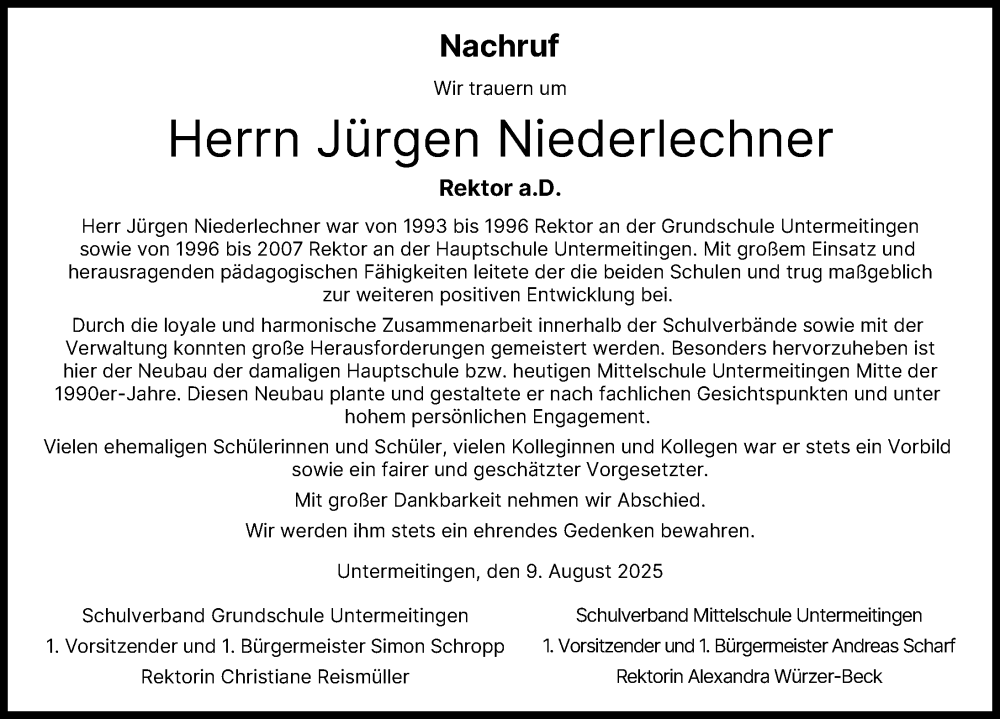 Traueranzeige von Jürgen Niederlechner von Schwabmünchner Allgemeine