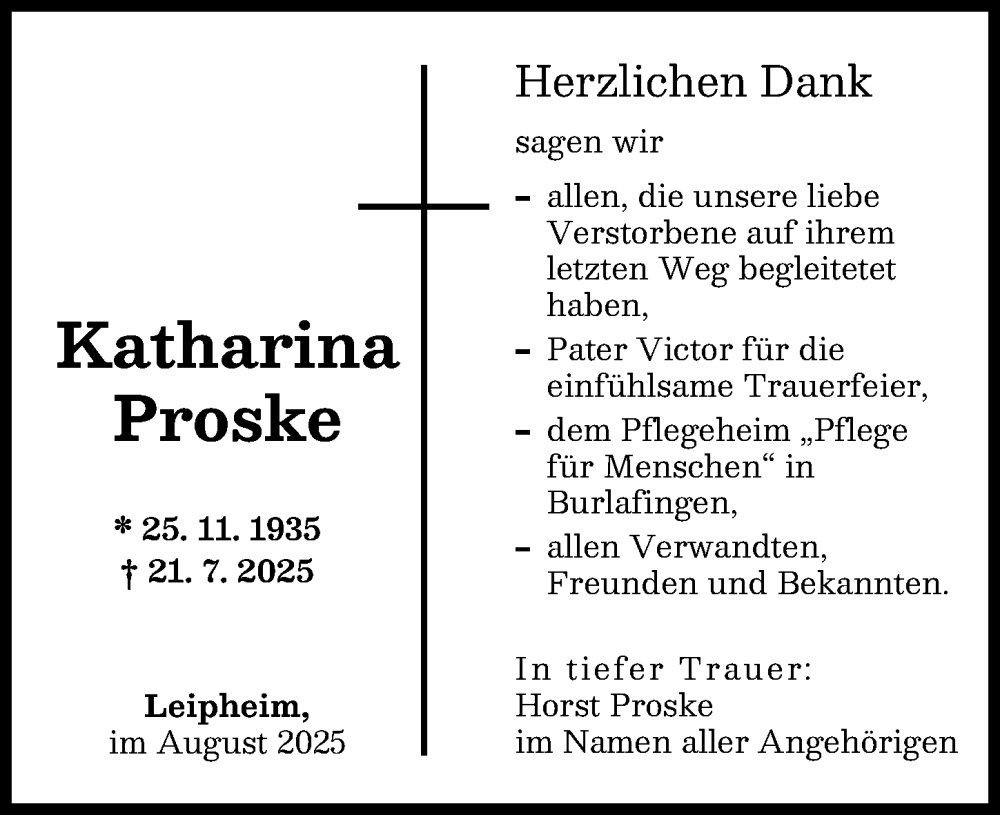 Traueranzeige von Katharina Proske von Günzburger Zeitung