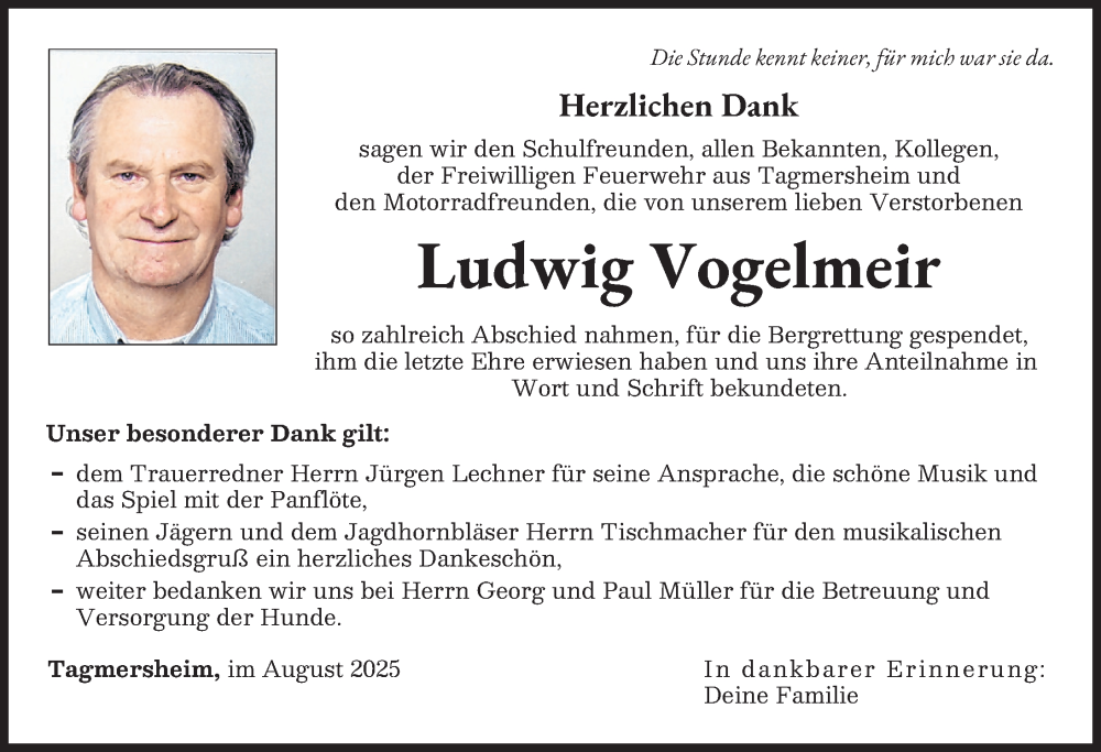 Traueranzeige von Ludwig Vogelmeir von Donauwörther Zeitung