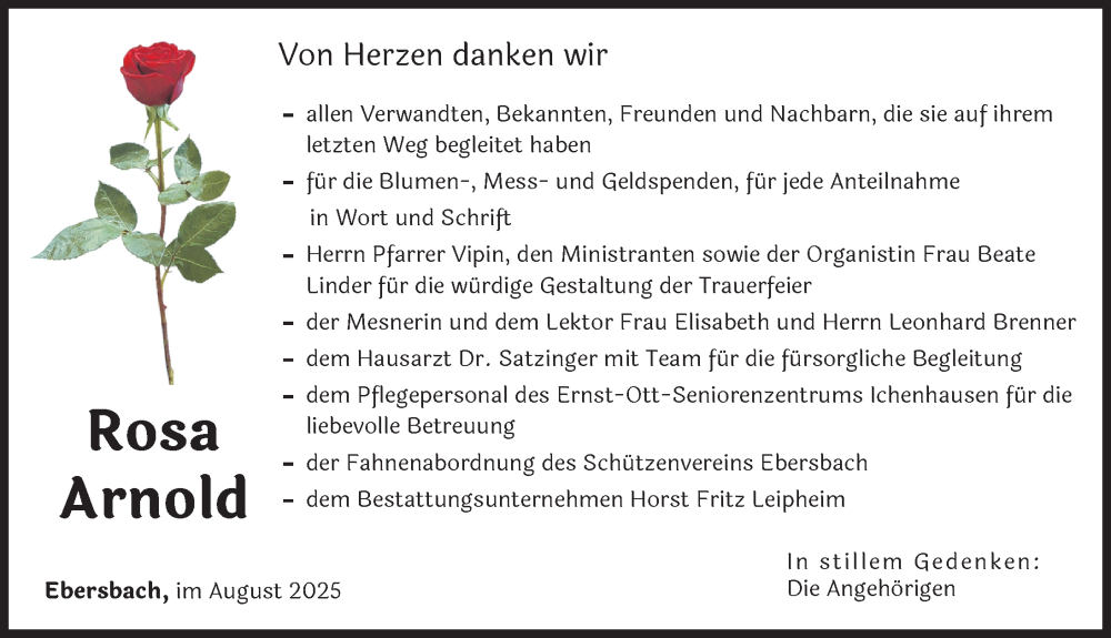 Traueranzeige von Rosa Arnold von Günzburger Zeitung