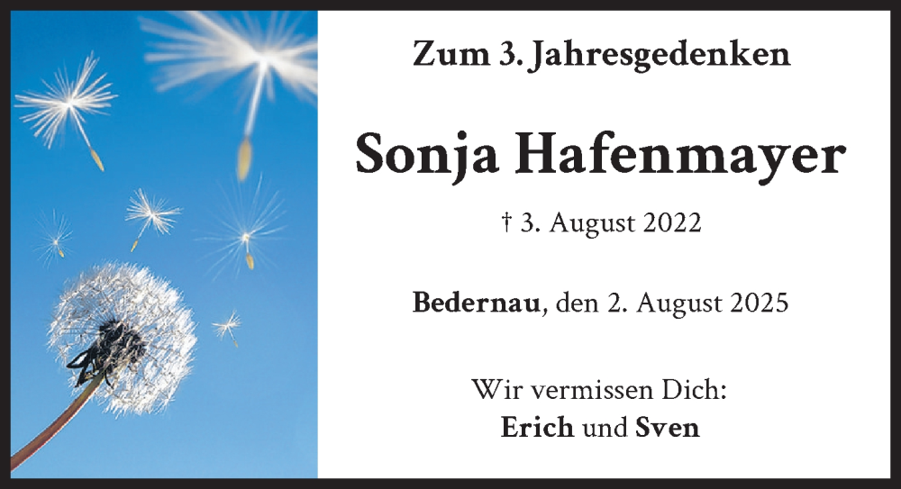  Traueranzeige für Sonja Hafenmayer vom 02.08.2025 aus Mindelheimer Zeitung