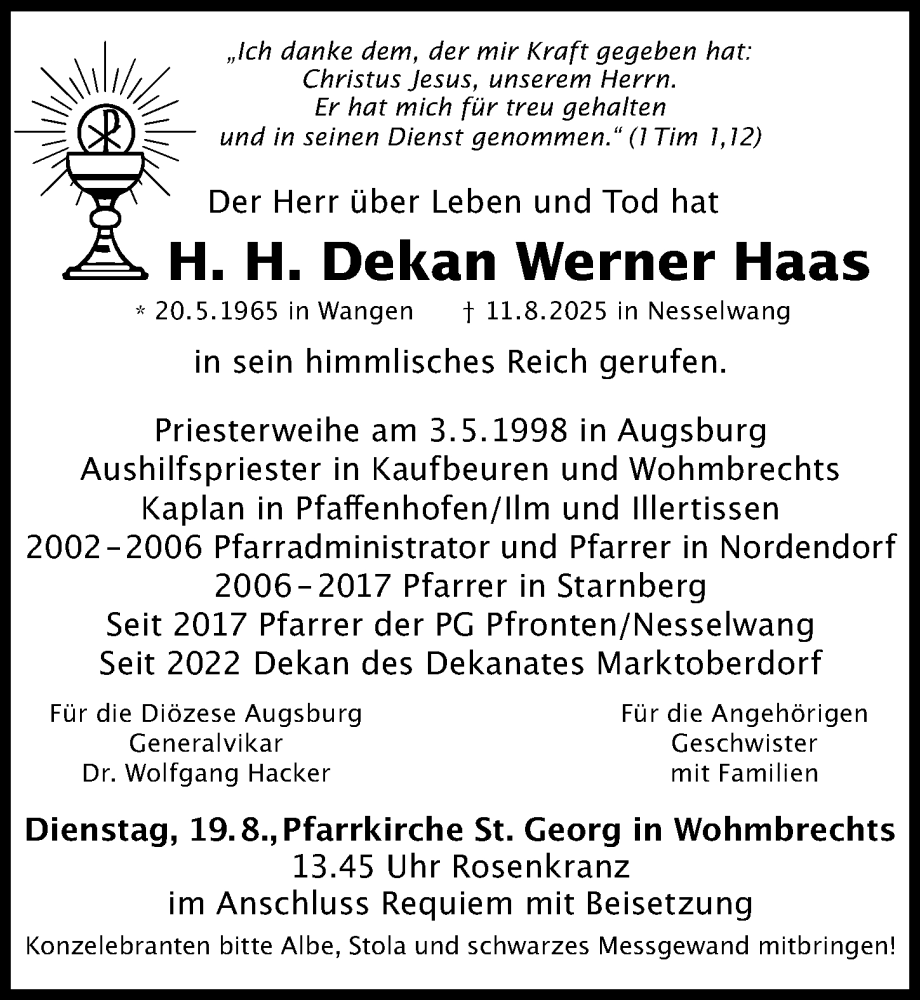Traueranzeige von Werner Haas von Augsburger Allgemeine