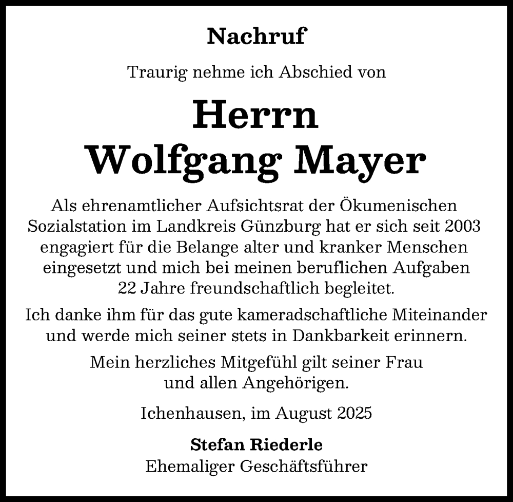Traueranzeige von Wolfgang Mayer von Günzburger Zeitung