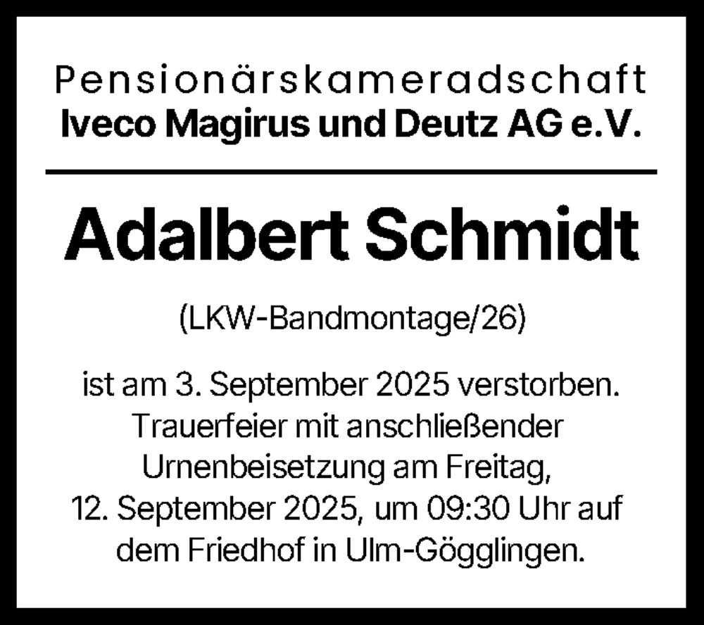 Traueranzeige von Adalbert Schmidt von Neu-Ulmer Zeitung, Günzburger Zeitung, Illertisser Zeitung