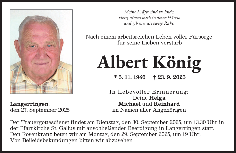 Traueranzeige von Albert König von Schwabmünchner Allgemeine