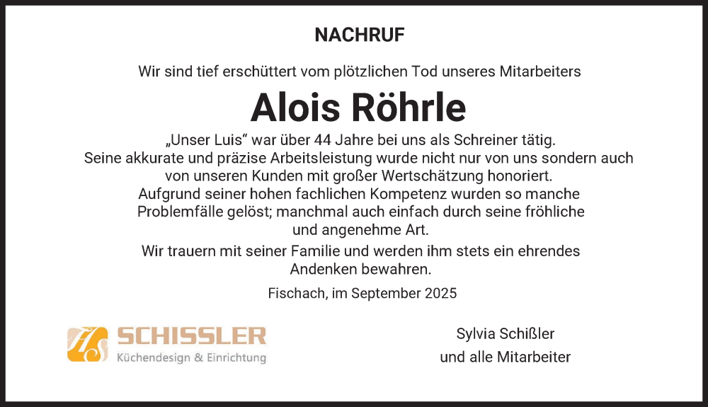 Traueranzeige von Alois Röhrle von Augsburg-Land, Schwabmünchner Allgemeine