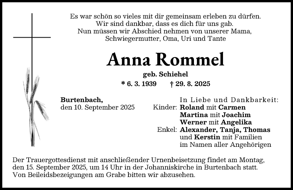 Traueranzeige von Anna Rommel von Günzburger Zeitung