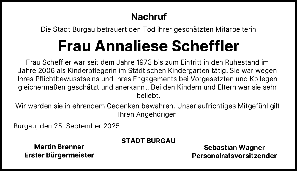 Traueranzeige von Annaliese Scheffler von Günzburger Zeitung