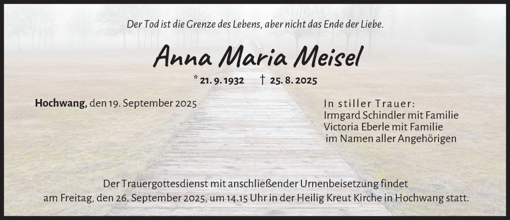 Traueranzeige von Anna Maria Meisel von Günzburger Zeitung, Mittelschwäbische Nachrichten