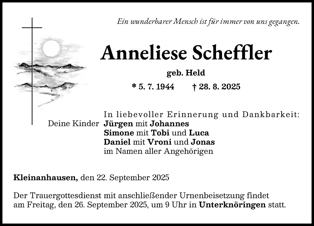 Traueranzeige von Anneliese Scheffler von Günzburger Zeitung