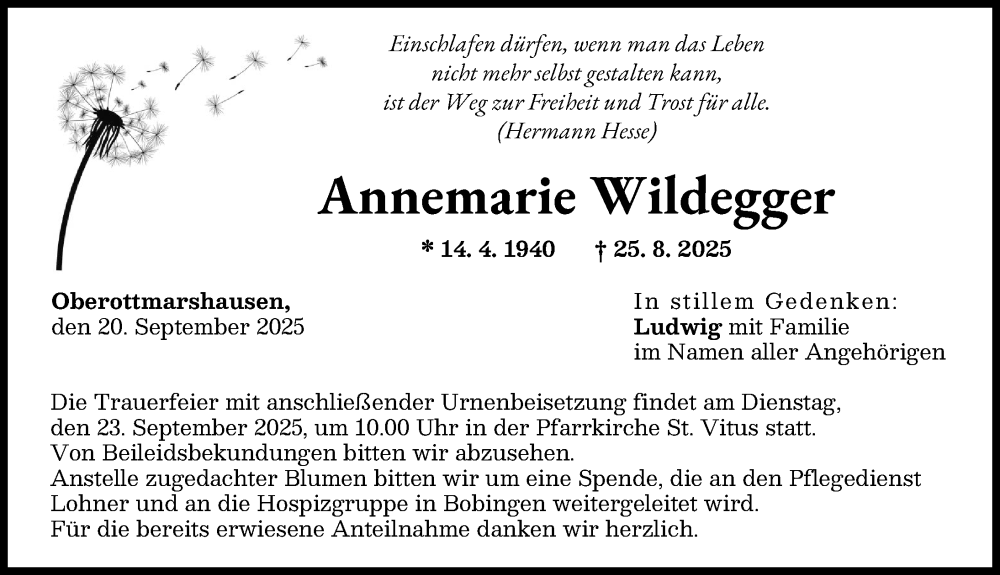 Traueranzeige von Annemarie Wildegger von Schwabmünchner Allgemeine
