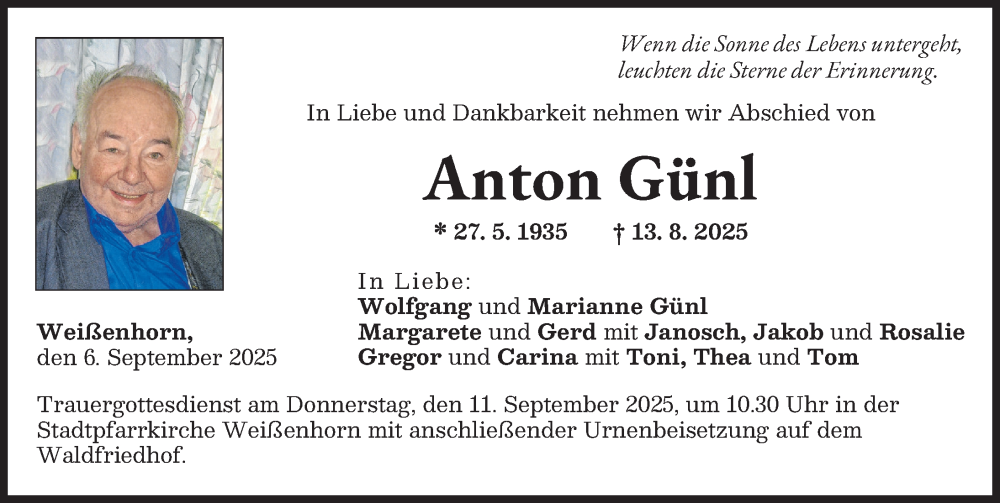 Traueranzeige von Anton Günl von Neu-Ulmer Zeitung, Günzburger Zeitung