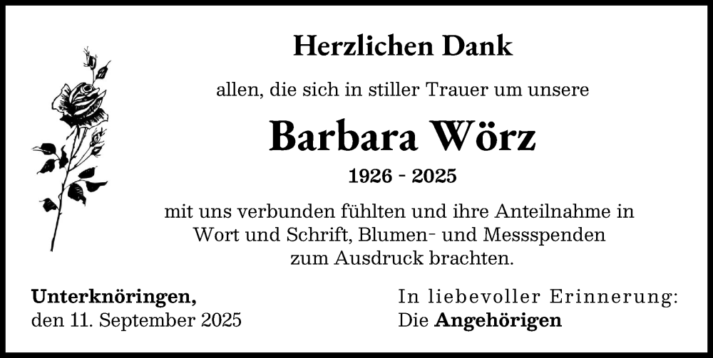 Traueranzeige von Barbara Wörz von Günzburger Zeitung