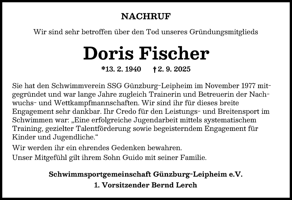 Traueranzeige von Doris Fischer von Günzburger Zeitung
