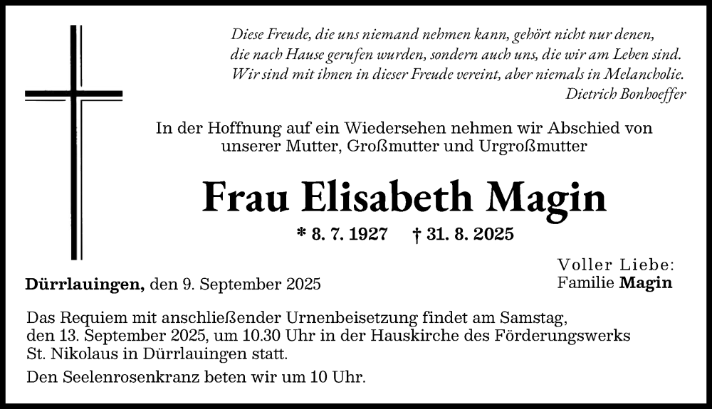 Traueranzeige von Elisabeth Magin von Günzburger Zeitung