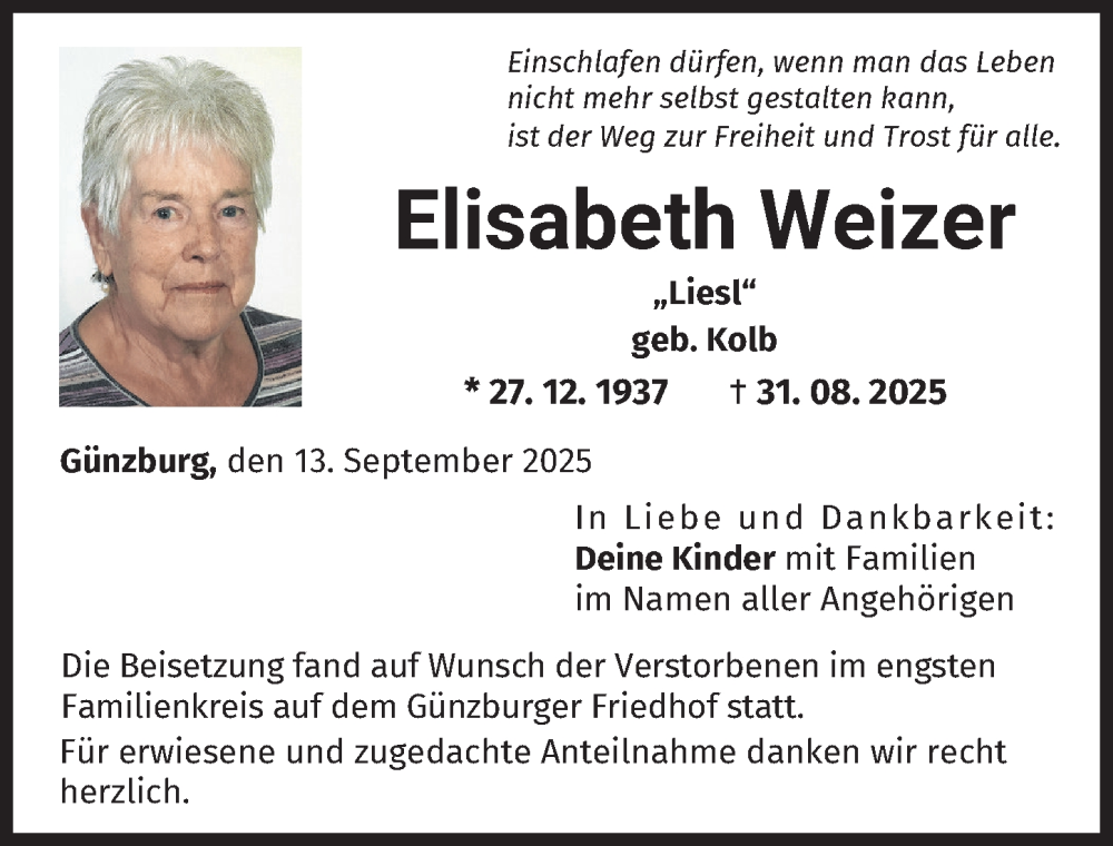 Traueranzeige von Elisabeth Weizer von Günzburger Zeitung