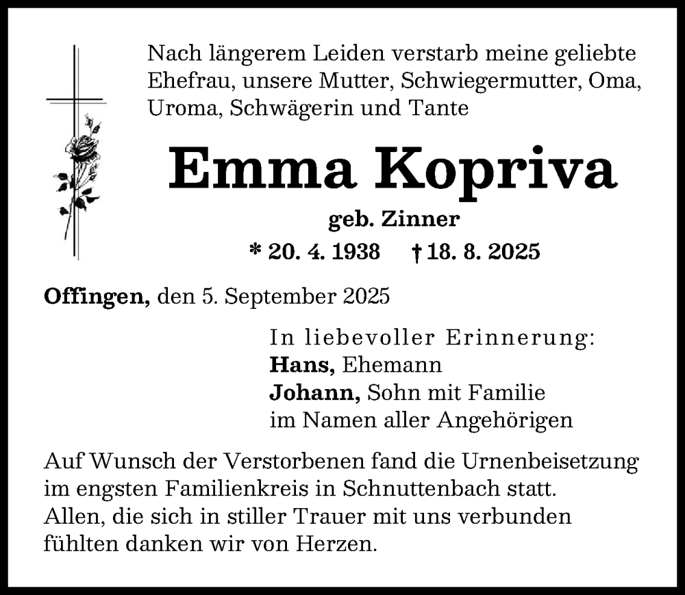 Traueranzeige von Emma Kopriva von Günzburger Zeitung