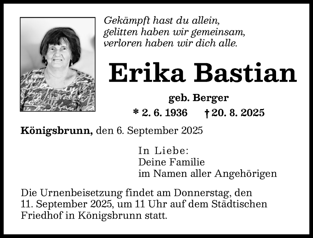 Traueranzeige von Erika Bastian von Schwabmünchner Allgemeine
