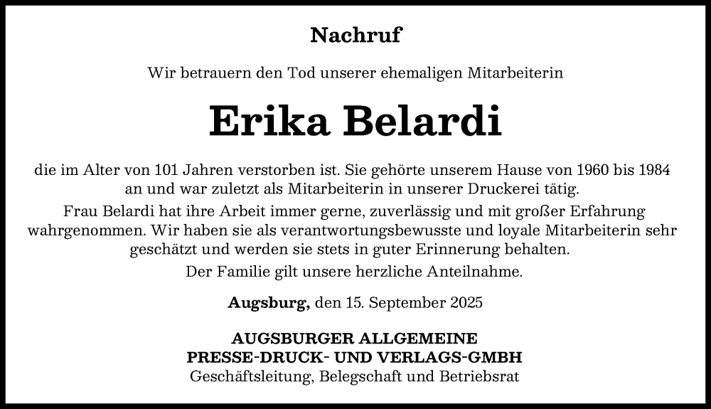 Traueranzeige von Erika Belardi von Donauwörther Zeitung