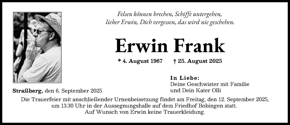 Traueranzeige von Erwin Frank von Schwabmünchner Allgemeine