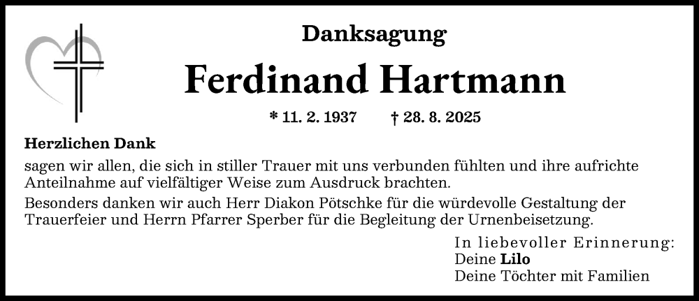 Traueranzeige von Ferdinand Hartmann von Schwabmünchner Allgemeine