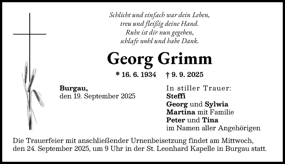 Traueranzeige von Georg Grimm von Günzburger Zeitung