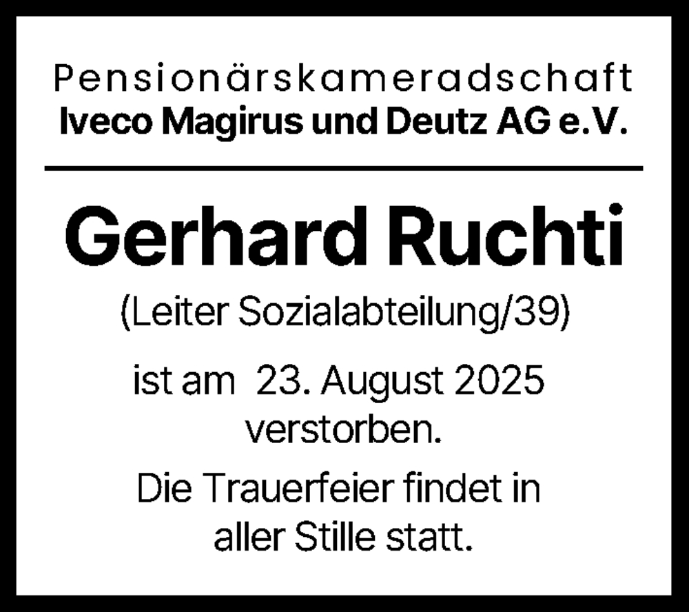 Traueranzeige von Gerhard Ruchti von Neu-Ulmer Zeitung, Günzburger Zeitung, Illertisser Zeitung