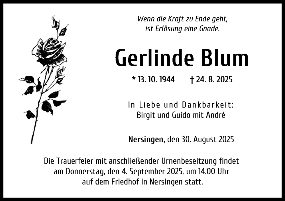 Traueranzeige von Gerlinde Blum von Neu-Ulmer Zeitung