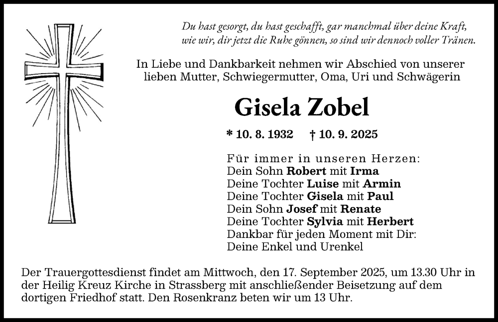 Traueranzeige von Gisela Zobel von Schwabmünchner Allgemeine