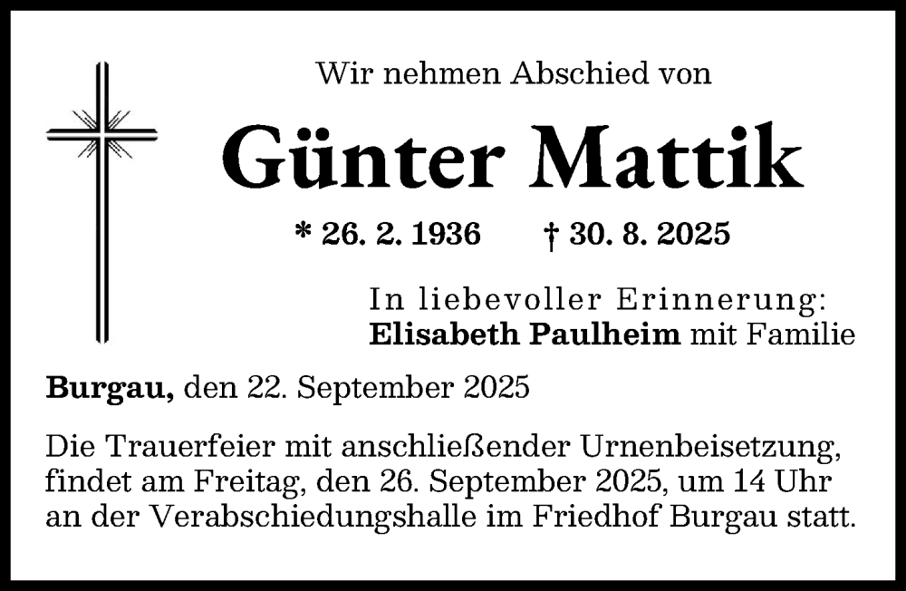 Traueranzeige von Günter Mattik von Günzburger Zeitung