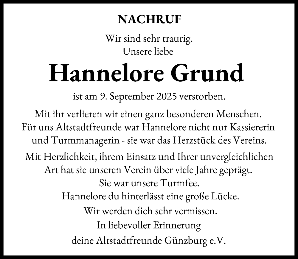 Traueranzeige von Hannelore Grund von Günzburger Zeitung