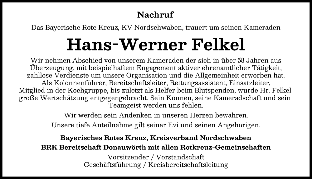 Traueranzeige von Hans-Werner Felkel von Donauwörther Zeitung