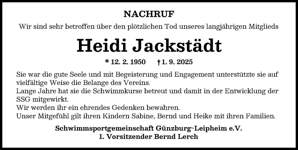 Traueranzeige von Heidi Jackstädt von Günzburger Zeitung