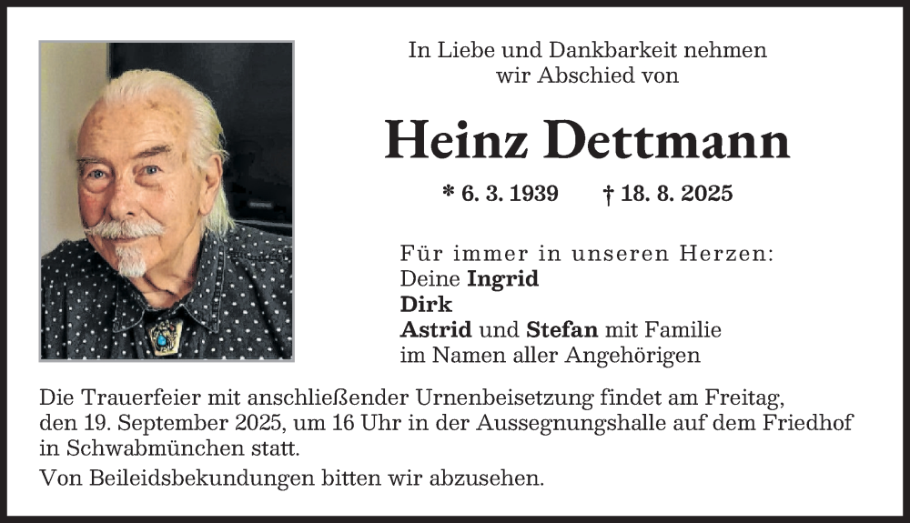 Traueranzeige von Heinz Dettmann von Schwabmünchner Allgemeine