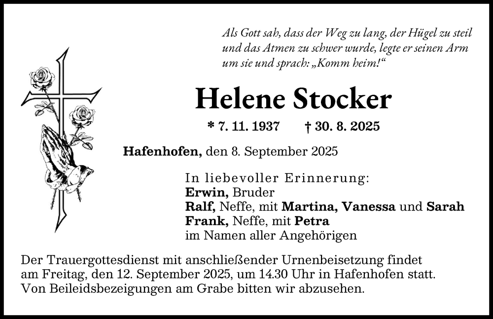 Traueranzeige von Helene Stocker von Günzburger Zeitung