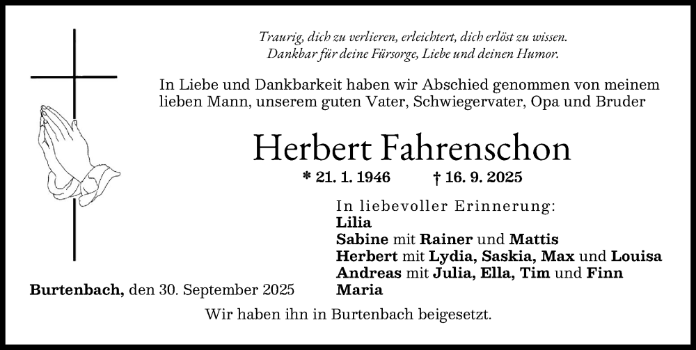 Traueranzeige von Herbert Fahrenschon von Günzburger Zeitung