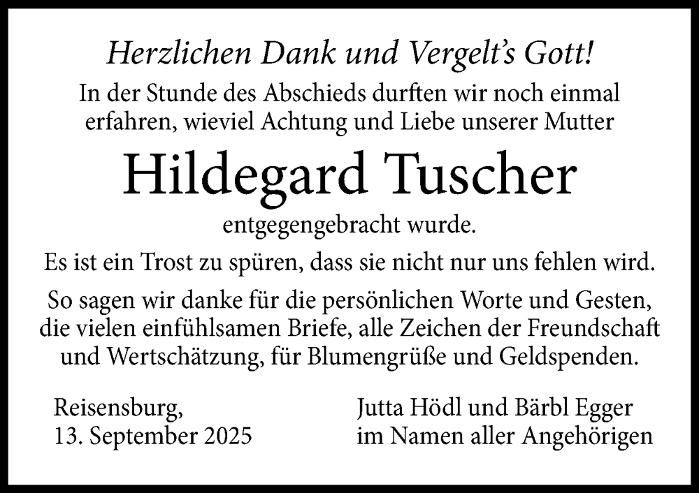 Traueranzeige von Hildegard Tuscher von Günzburger Zeitung