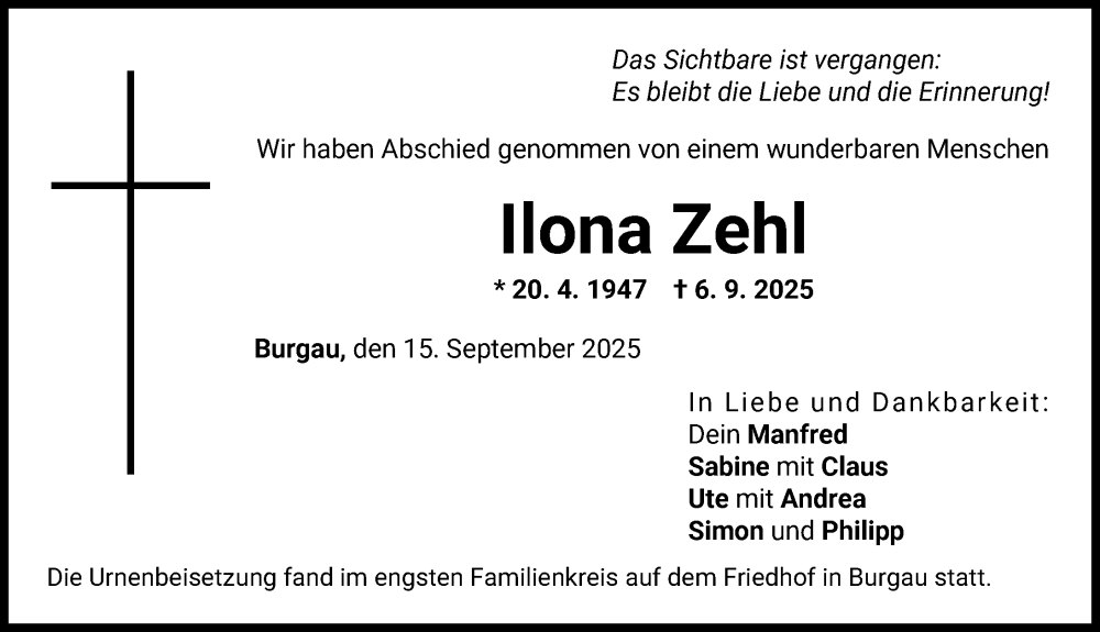 Traueranzeige von Ilona Zehl von Günzburger Zeitung