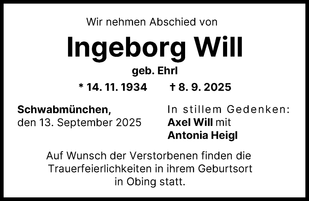 Traueranzeige von Ingeborg Will von Schwabmünchner Allgemeine